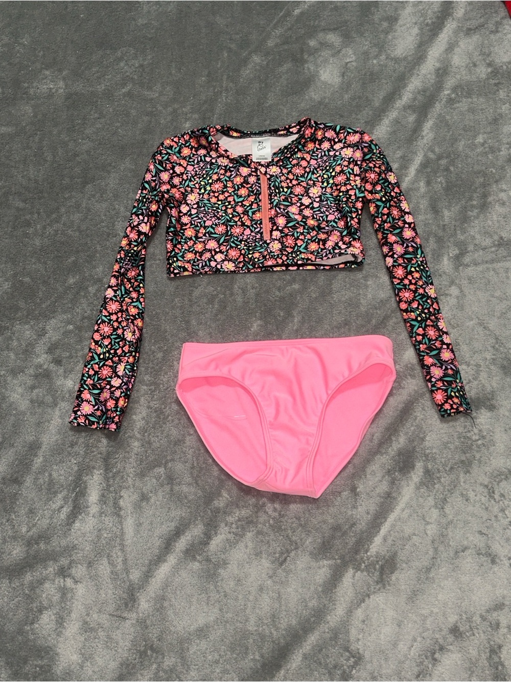 Target Girls Black Floral Long Sleeve Rash Guard with Pink Bottoms